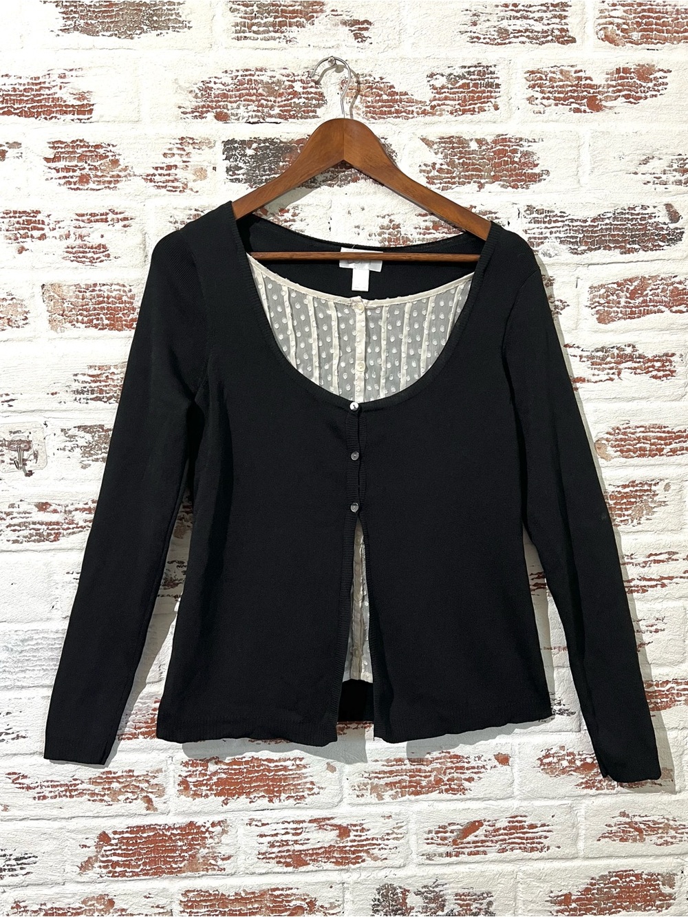 LOFT Black Cardigan with White Swiss Dot Layer Sz M